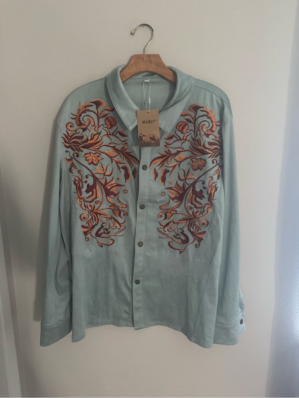 MANLY western wear Light Blue Embroidered Button-Up Shirt Jacket